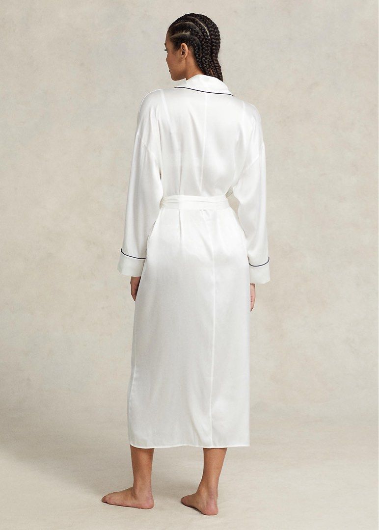 RALPH LAUREN stretch silk bath robe navy blue white, Women's Fashion ...