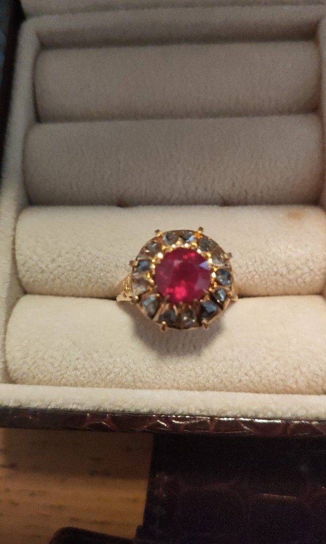 Ruby Intan Ring (Category: Rings) located in Singapore. Submitted by hisjewellery (Listing ID 1226362385, Image 4). Description: Burmese ruby set with halo intan diamonds, in 90%YG. Old piece, Peranakan heritage..