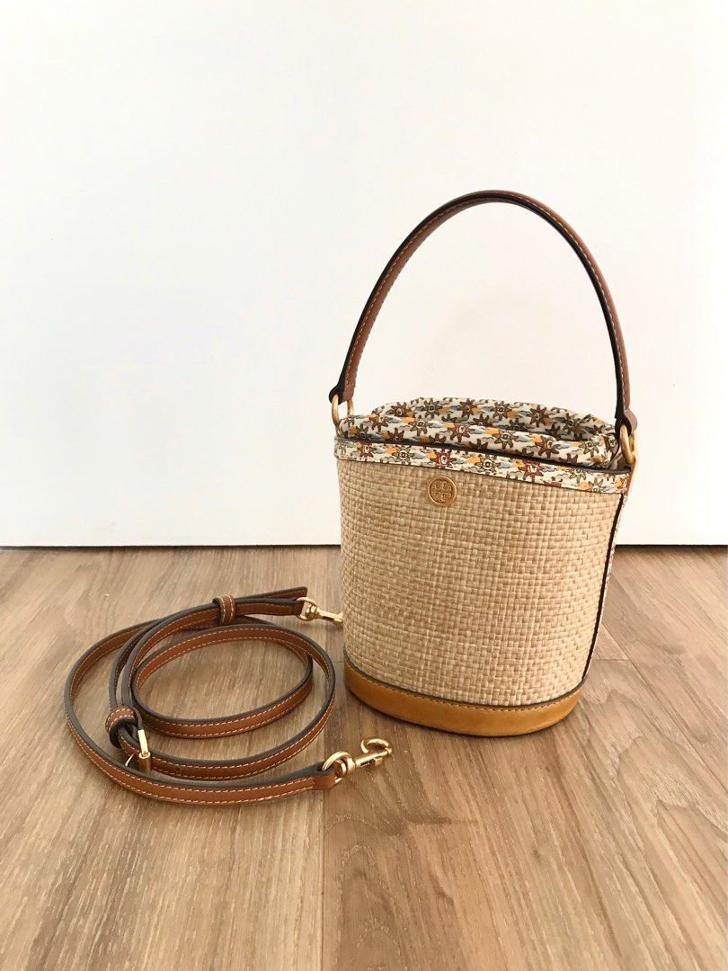 Tory Burch Robinson Straw Mini Bucket Bag, Women's Fashion