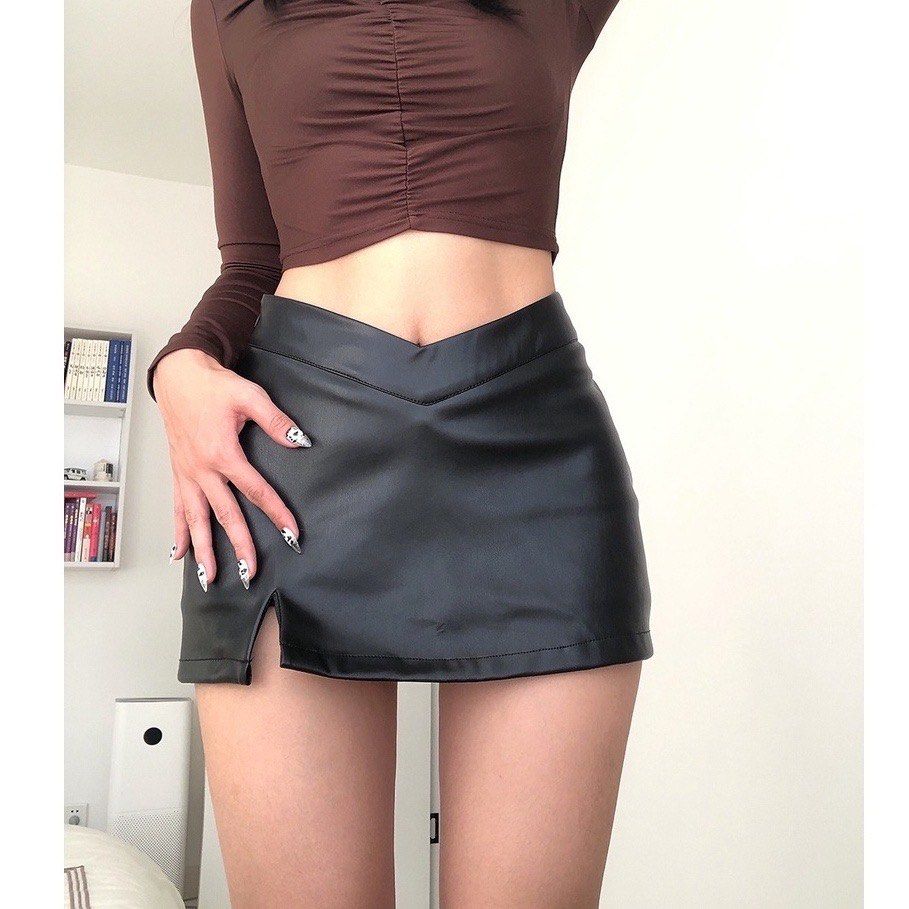 V-style Faux Leather Mini Skirt with Small Slit on Carousell