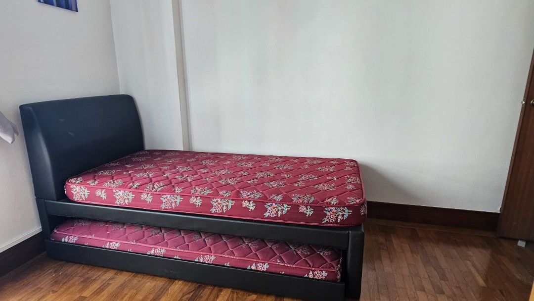 Zander fabric Single pull out bed frame and 2 mattresses, Furniture