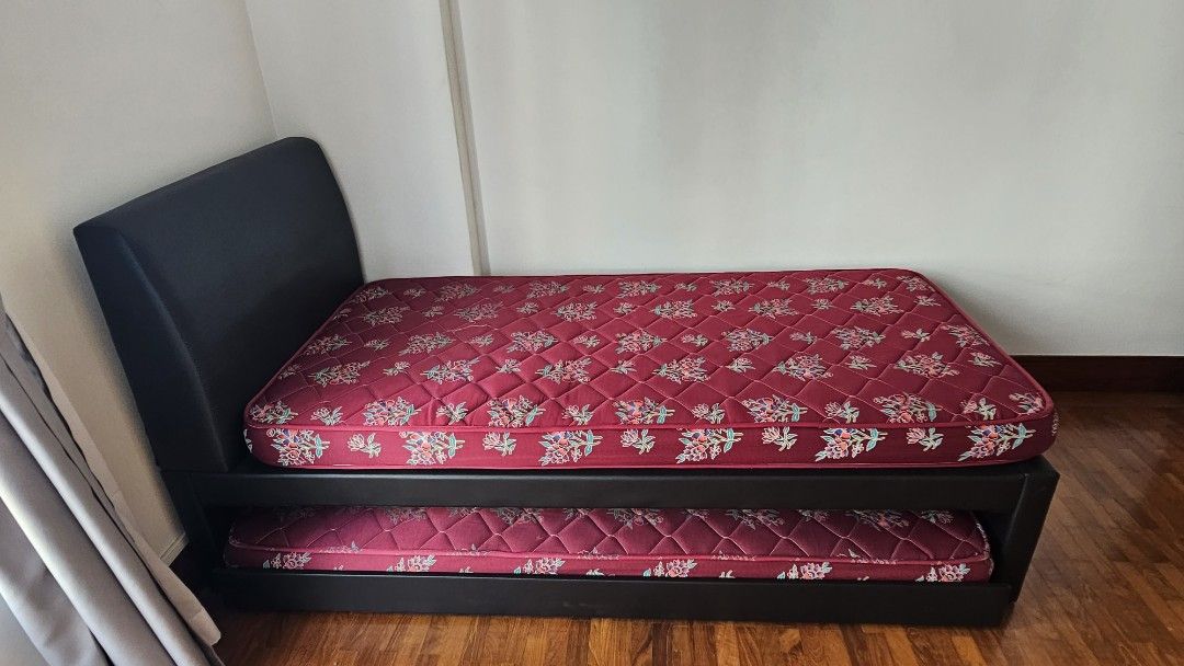 Zander fabric Single pull out bed frame and 2 mattresses, Furniture