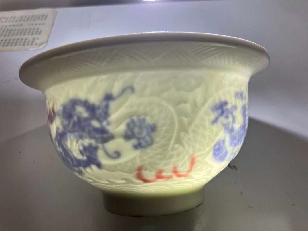 明一永樂內府官窑,甜白釉青花暗龍鳳敝口碗，14.5x8x6cm一, 興趣及遊戲