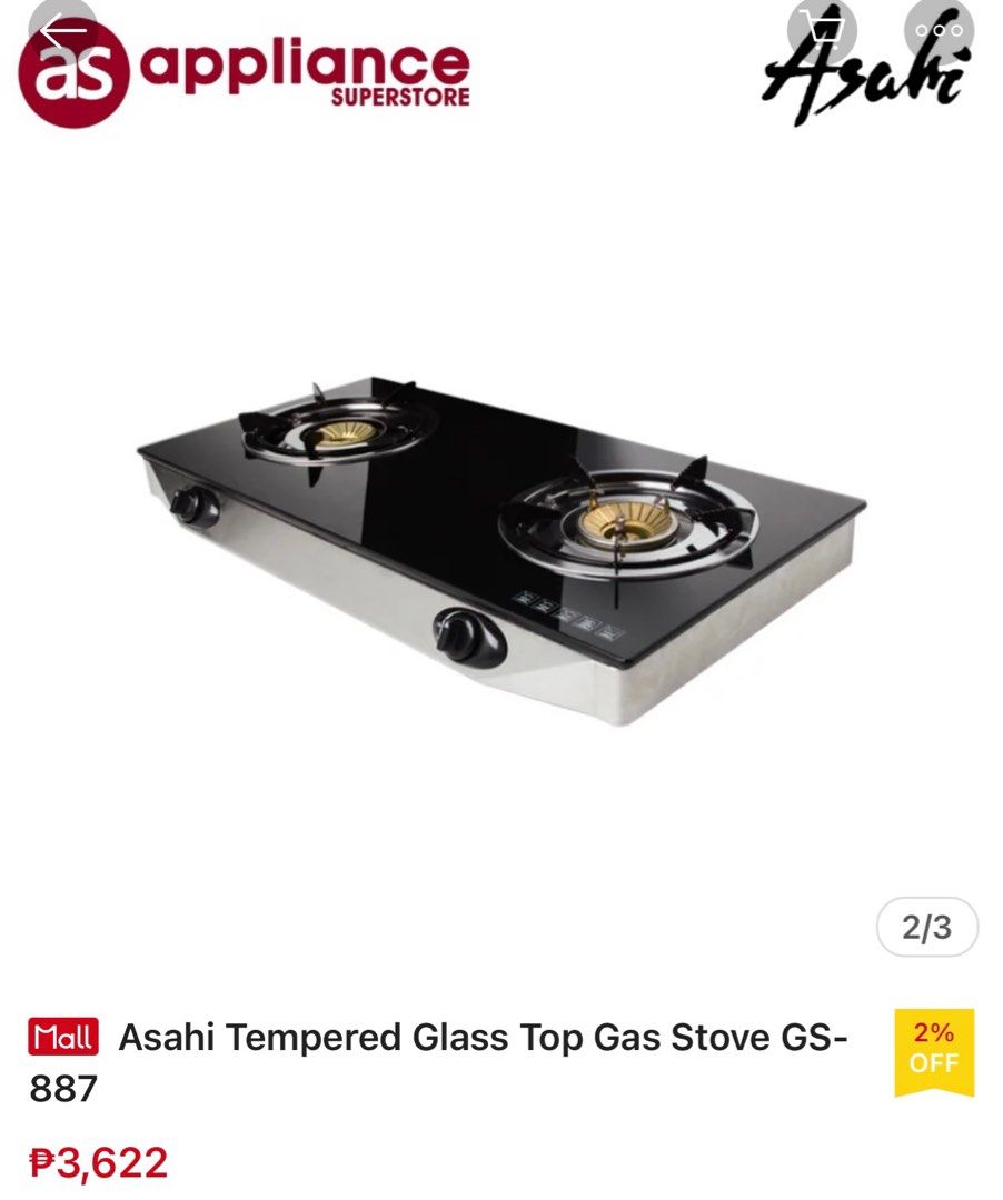 2 burner gas stove (Category: Cookware & Accessories) located in Quezon City. Submitted by nette68 (Listing ID 1216940173, Image 3). Description: Asahi 2 burner gas stove. Almost new. Bought and used a few times..