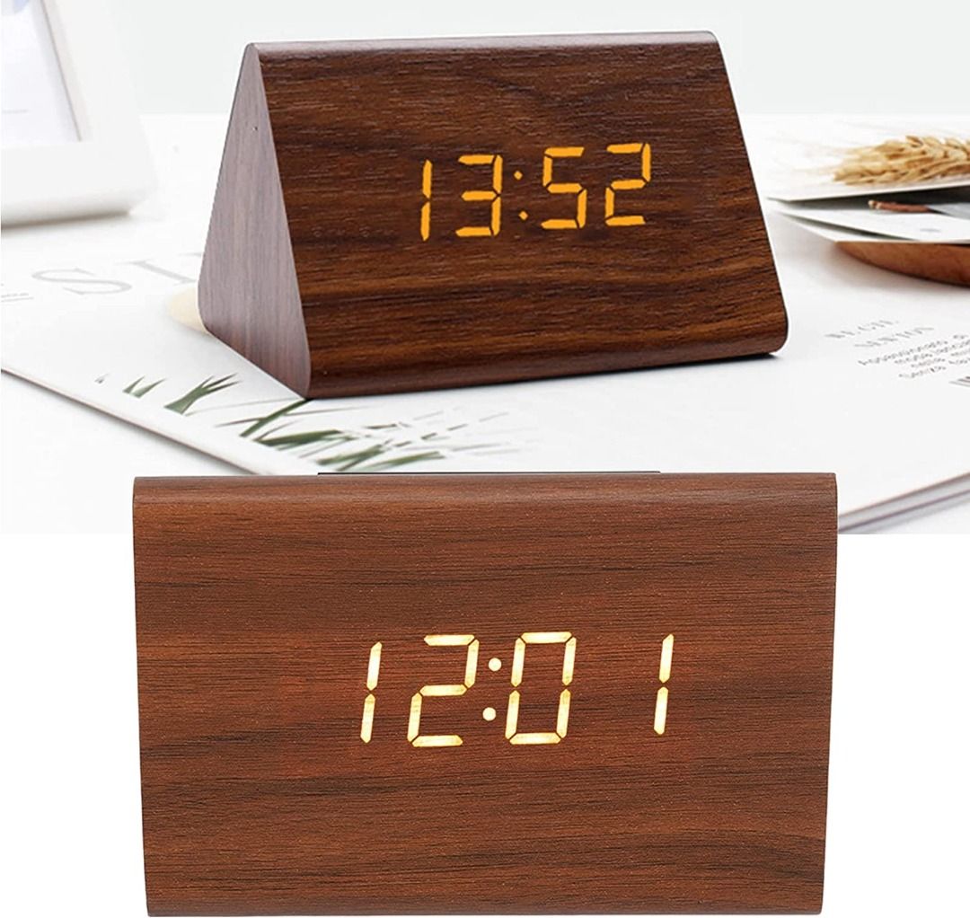 [3849] Wood Digital Alarm Clock, Triangle Modern Simple Design Digital