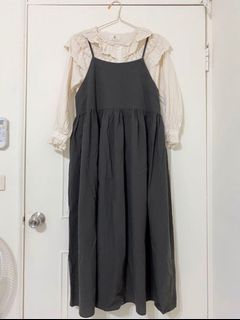 日系設計米白襯衫+可調式灰黑洋裝