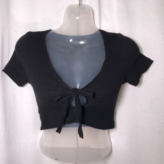 黑色螺紋 短板前綁帶性感踢恤 V領黑色tshirt