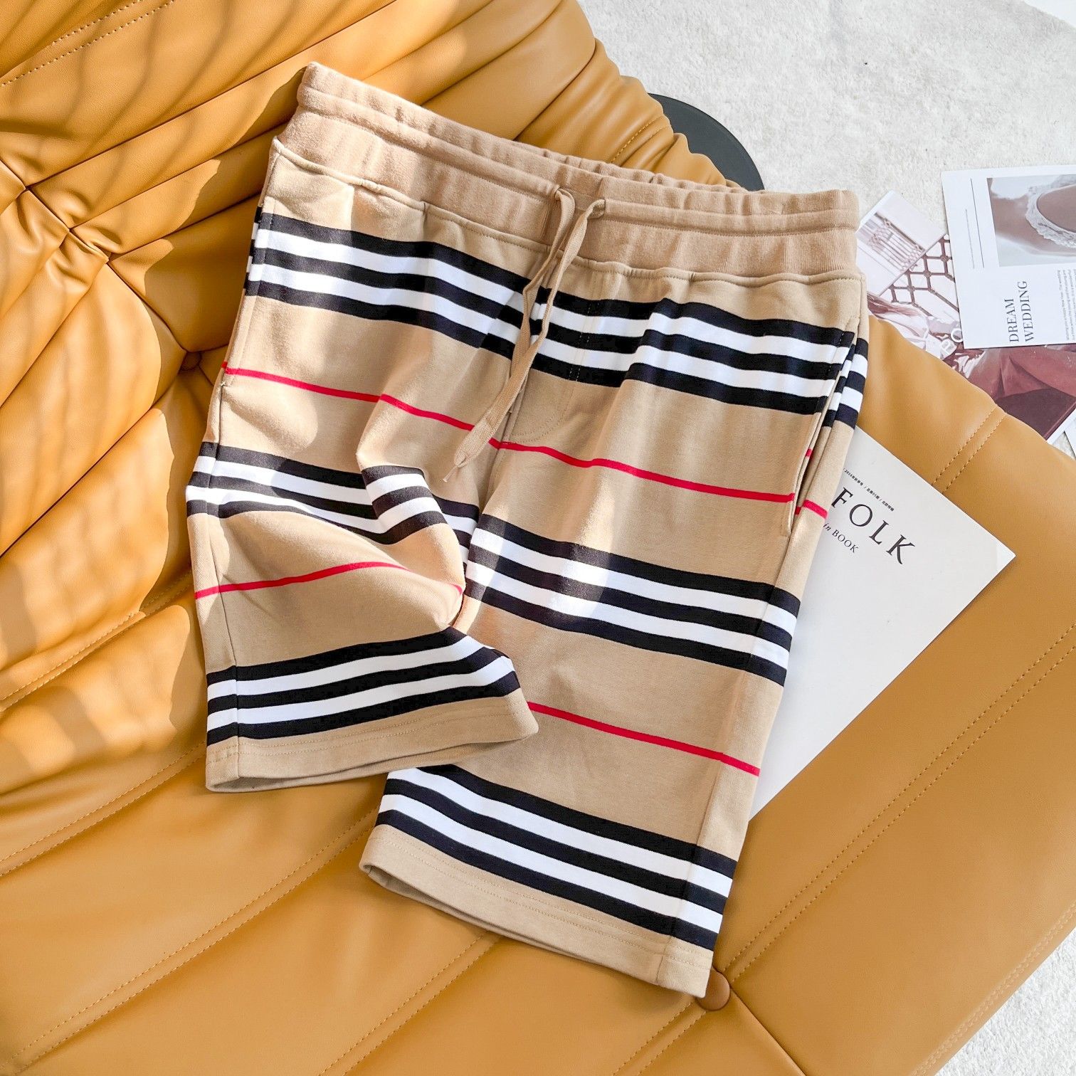 Burberry Stripe Trim Drawstring Cotton Shorts, Men's Fashion