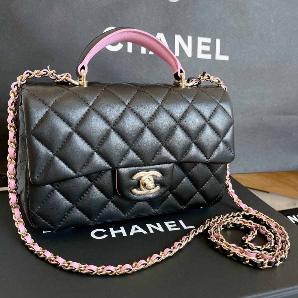 CHANEL, Bags, New 23p Chanel Mini Top Handle Rectangle Flap Black Pink Bag  Handbag