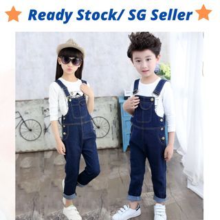 Children Girl/Boy Dark Blue Denim Overall Long Pants Soft and Comfortable