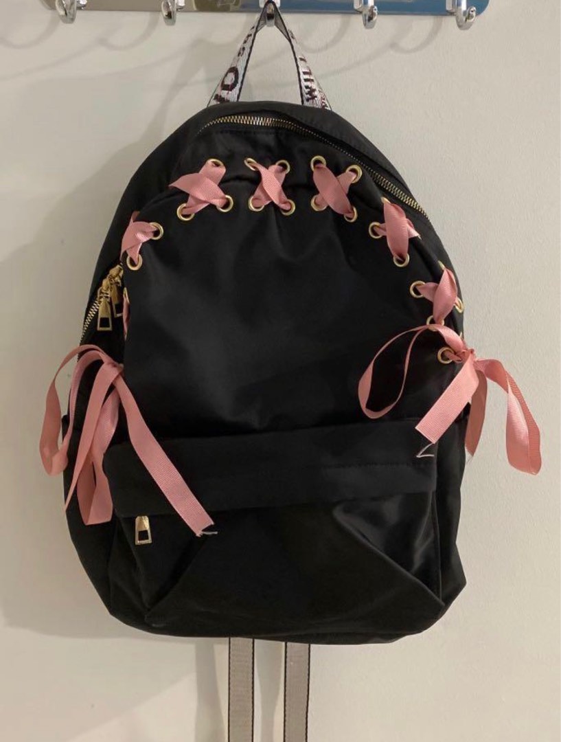 Cute black pink ribbon bag pack coquette, Women's Fashion, Bags