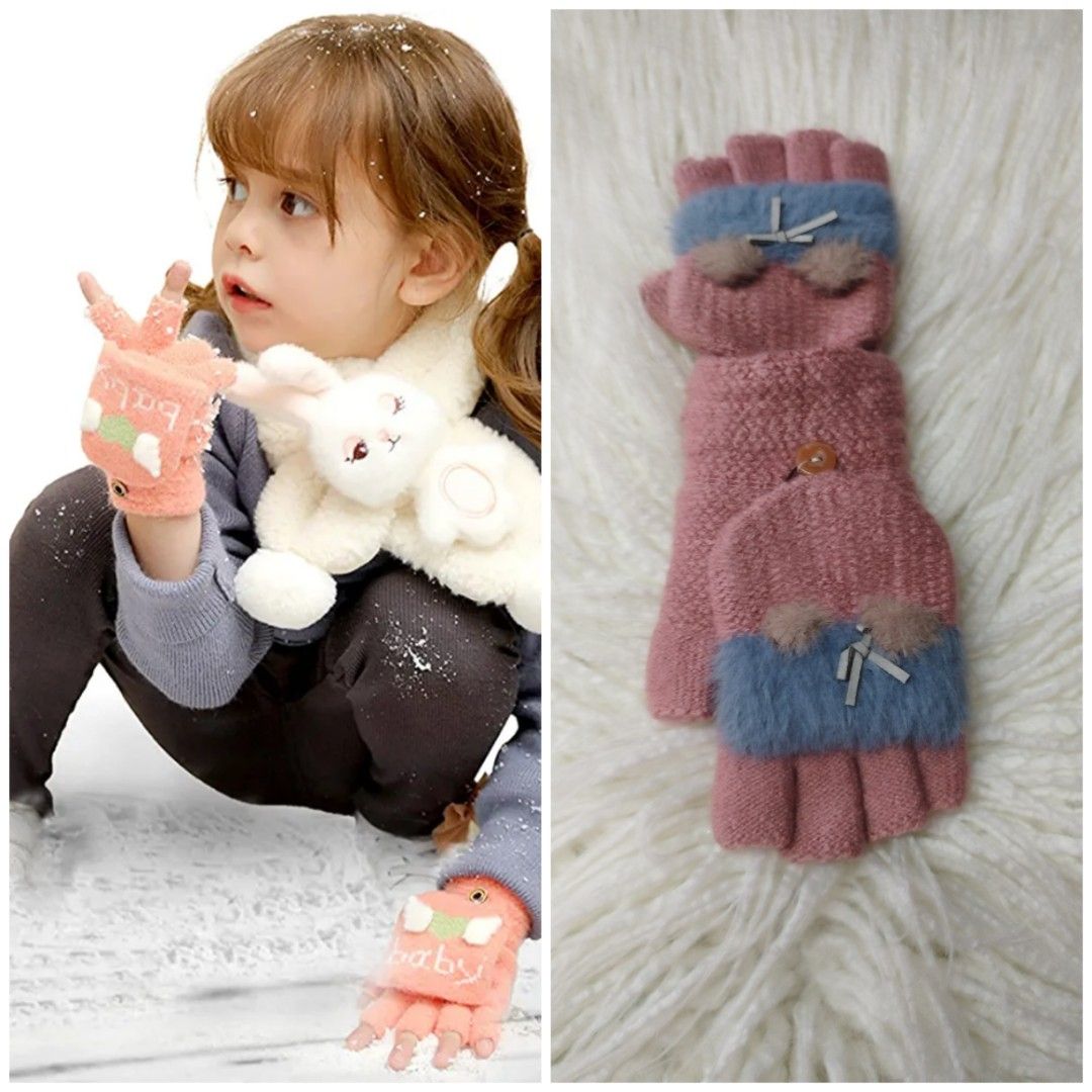 1 Pair Kids Gloves Winter Fleece Warm Cartoon Gloves Children