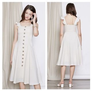 Intoxiquette Flutter Sleeve Midi Dress in Nude Cream XS