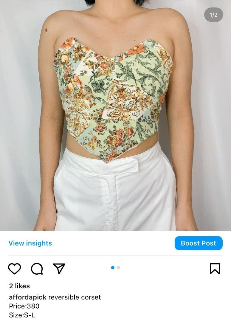 Printed Reversible Corset (Category: Others Tops) located in Makati City. Submitted by hellochaa (Listing ID 1226649801, Image 1). Description: Bought it from Affordapick on IG. Just tried it on but doesn't look nice on me since I have broad shoulders. Reversible Adjustable at the back fits nicely if you have boobs print is so nice can fit XS-S frame.