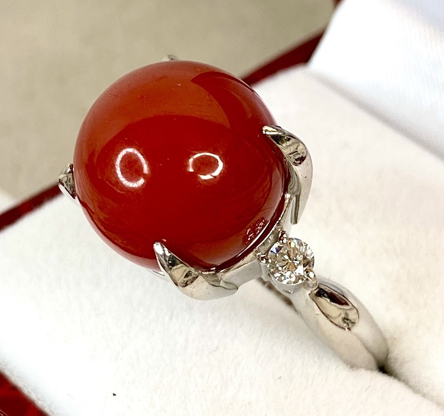 PT900 White Gold Red Coral Ring With Cert