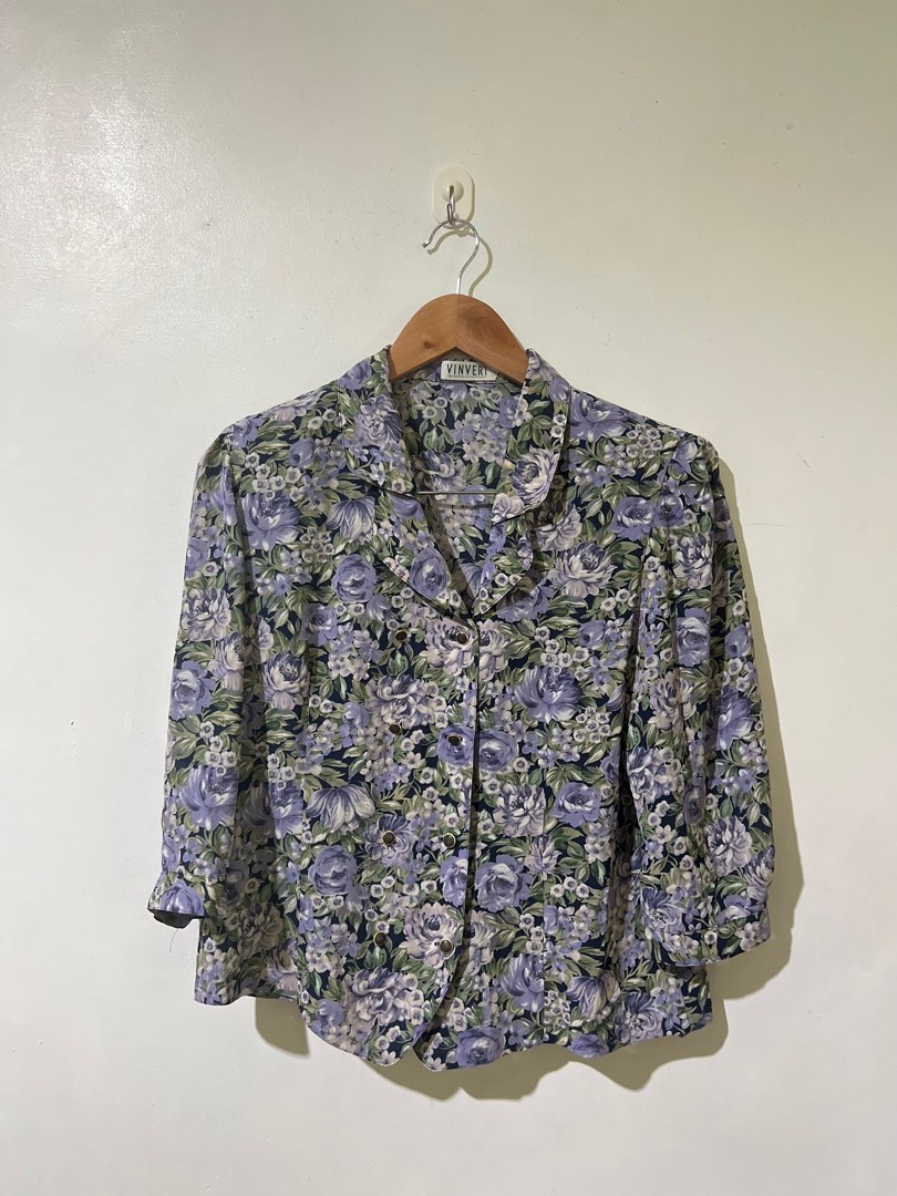 Vintage VINVERT Purple and Green Floral Top, Women's Fashion, Tops ...