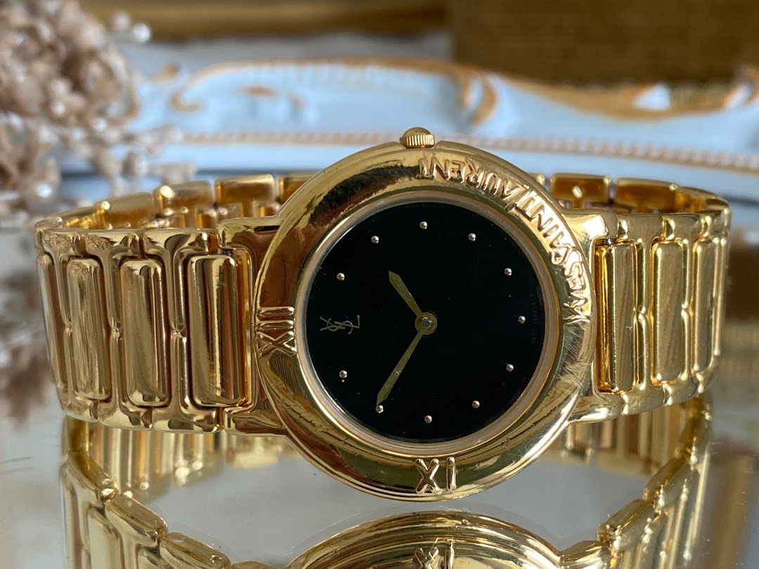 Yves Saint Laurent Vintage Wrist Watch Unisex Newly Gold Plated Black Dial YSL