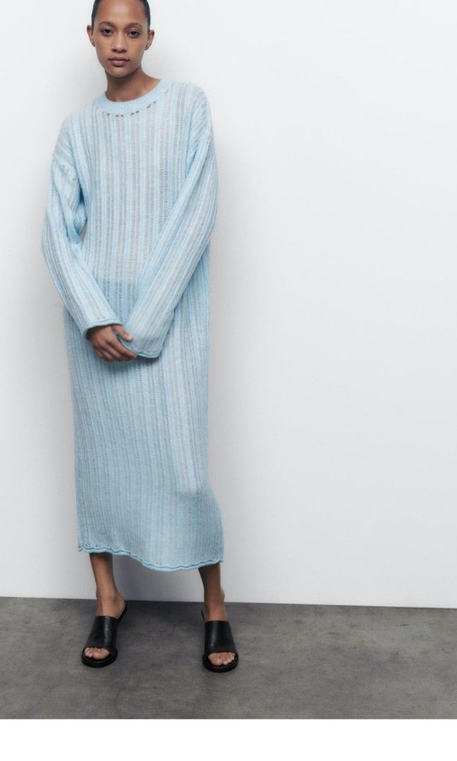 light blue knit dress zara Zara - Ruffled Pointelle Knit Dress - Blue