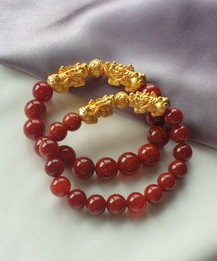930 Red Dragon Vein Agate with Double S999 Silver Gold Plated Flying Pixiu and Chinese Coin Ball Charm Pixiu Bracelet