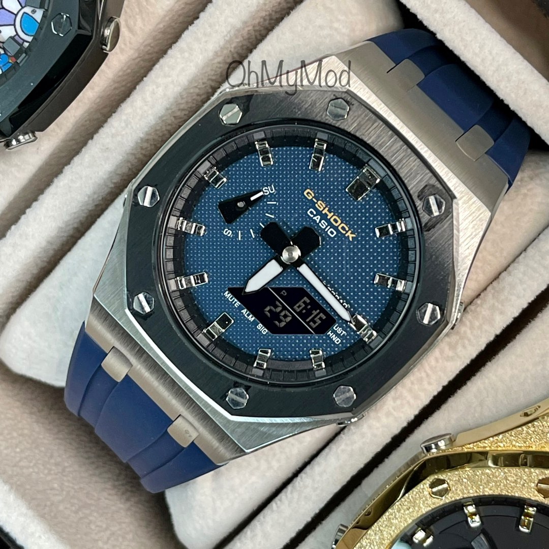 Navy Blue Waffle Dial on black bezel silver case blue rubber