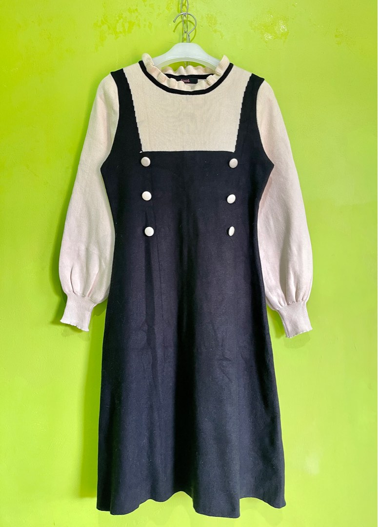Atasan dress rajut wanita korean look lengan semi balon rib dan kerah