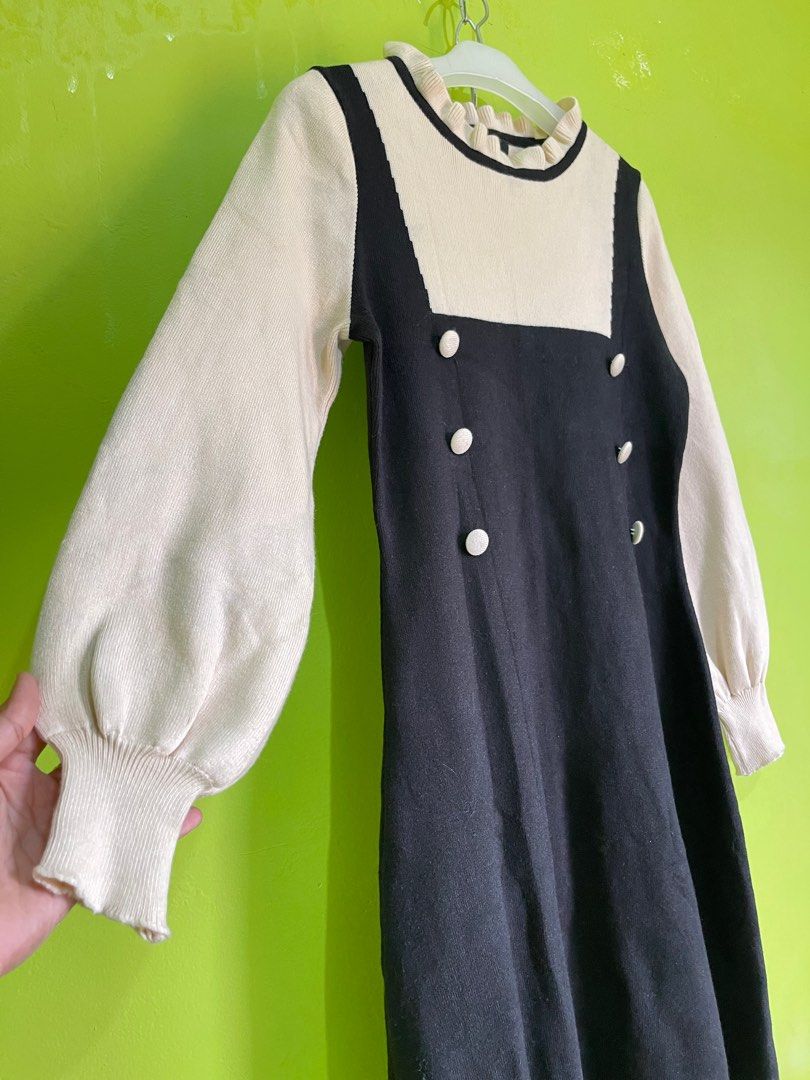Atasan dress rajut wanita korean look lengan semi balon rib dan kerah