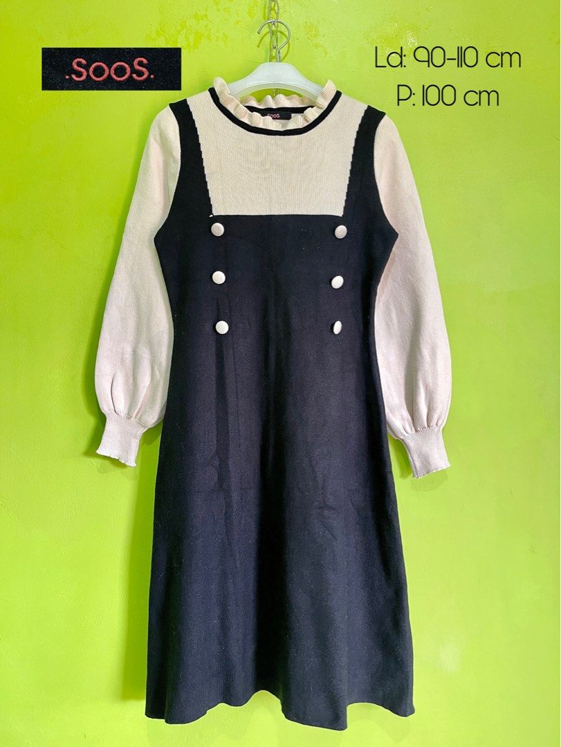 Atasan dress rajut wanita korean look lengan semi balon rib dan kerah