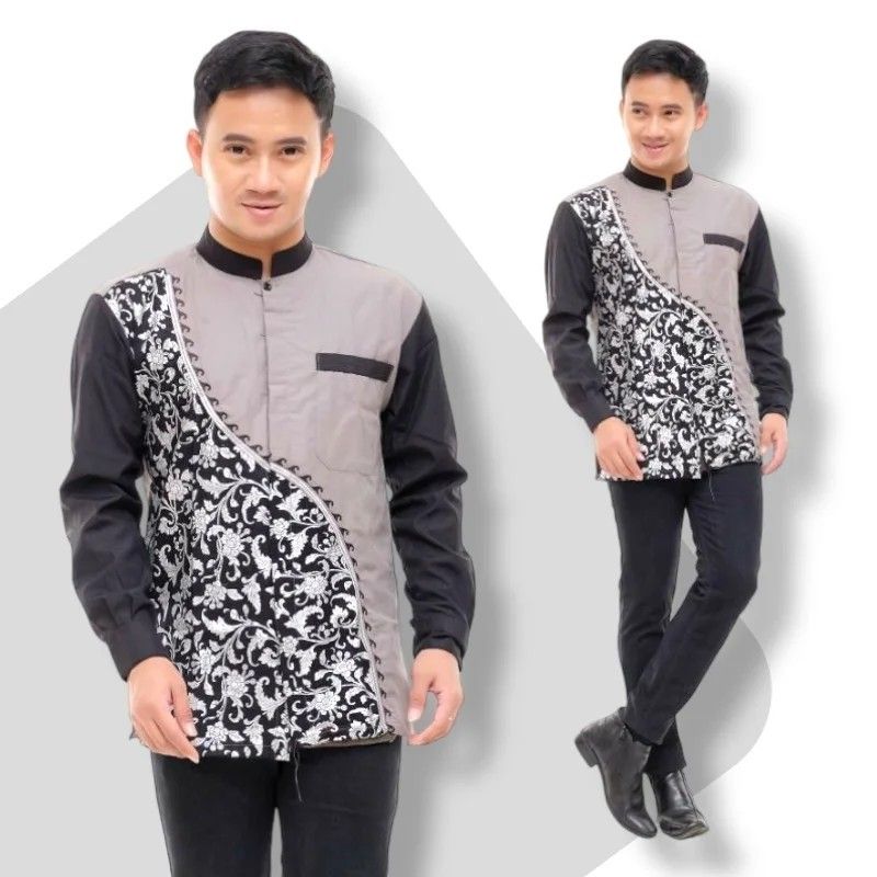 Baju Koko Kombinasi Batik, Fesyen Pria, Pakaian , Atasan di Carousell