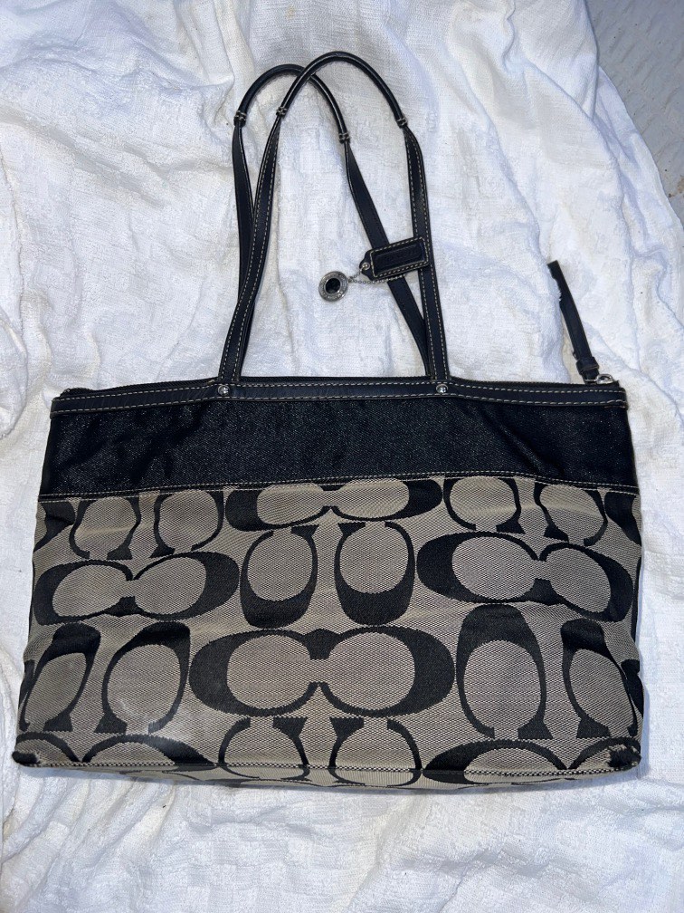COACH Purse, Grey Logo print Black Leather strap, pockets | eBay