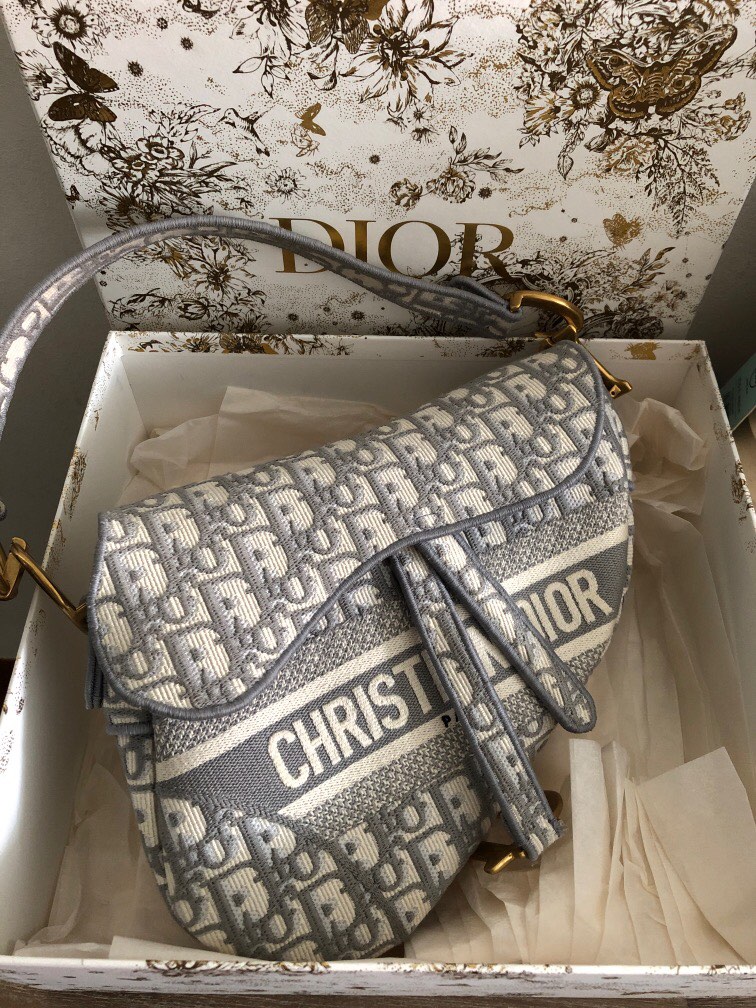 Christian Dior Grey and Beige Oblique Canvas Saddle Bag Gold Hardware (Very Good)