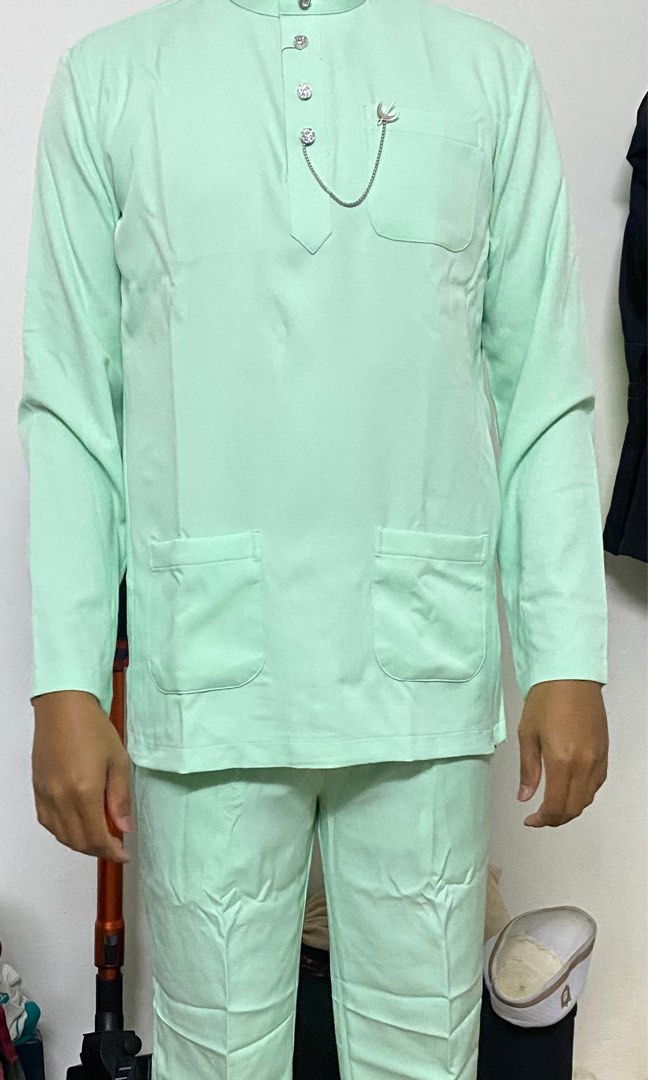 Elrah Exclusive Baju Melayu 2023 in Mint Green, Men's Fashion, Muslim