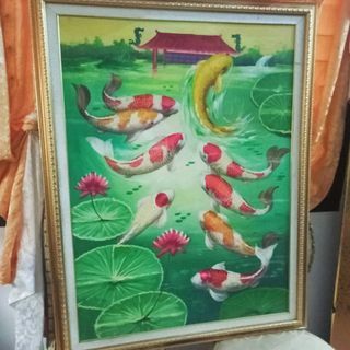 Feng Shui Koi Fish Hand Painted  Wall Decor Frame