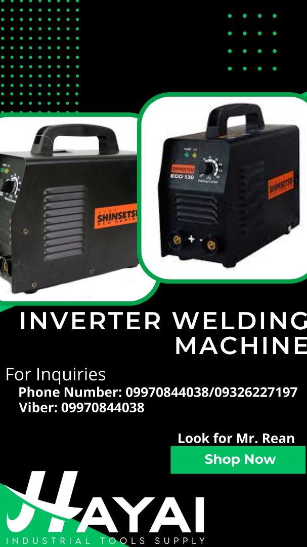 Inverter Welding Machine (Category: Industrial Equipment) located in Manila. Submitted by 09970844038rean.hayai (Listing ID 1226688697, Image 1). Description: Inverter Welding Machine Brand: Shinsetsu Model: EC0-130 output Current Range 20 - 130 A Max Electrode Diameter 3.2 mm Rated Input Power 5.0 kVA Rated Voltage 220 V Rated Frequency 50 I 60 Hz Dimension 340 x 190 x 270 mm Weight 5.0 Kg Price: 7,000.00 Model: EC0-210 output Current Range 20-2