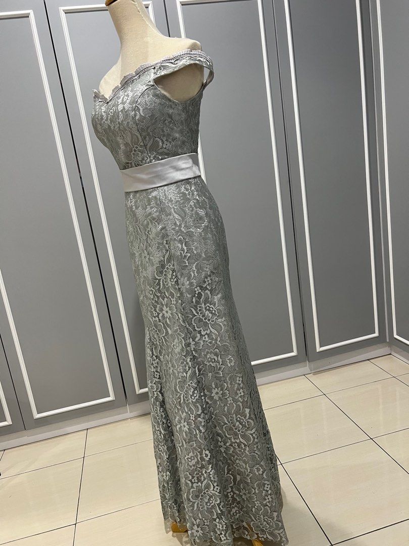 Lace Overlay Grey Dinner Gown
