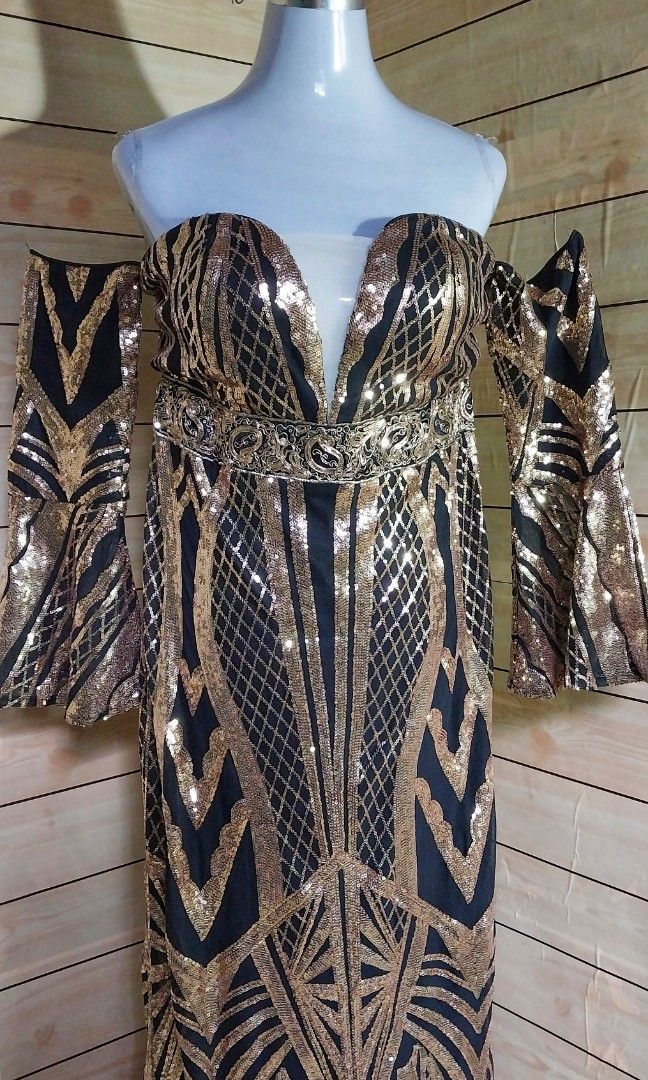 PLUS SIZE BLACK AND GOLD OFF SHOULDER SEQUIN GOWN