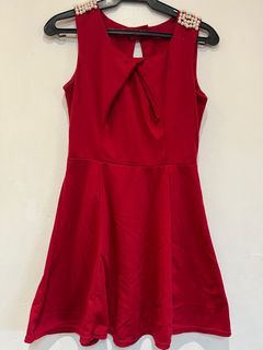 Red skater dress with pearl details in shoulder