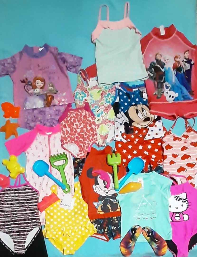 Summer essentials for baby girl. (Category: Babies & Kids Fashion) located in Pasig City. Submitted by jdmine (Listing ID 1226804074, Image 1). Description: 13pcs swim suits for girls ages new born up to 6yo (depending on your kid's size). includes Active Sockies swim shoes size 34/35 (worth 700) and sand castle toys plus swim arm band..