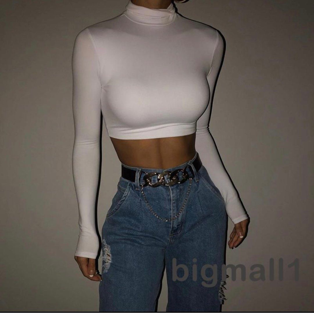 White long sleeve crop top turtleneck outlet