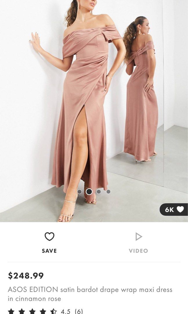 asos edition satin bardot drape wrap maxi dress ASOS DESIGN Bridesmaid satin bardot drape wrap maxi dress in sage green
