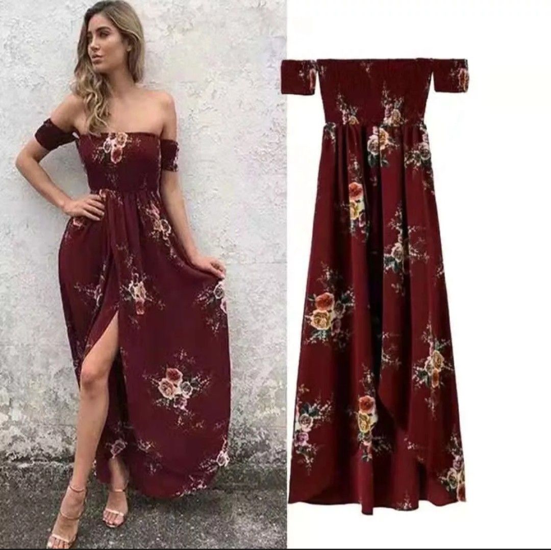 Maroon Printed V-Neck Maxi Dress
