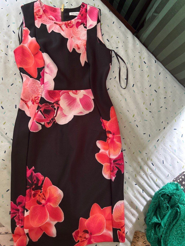 Calvin klein black dress with red flowers cheap