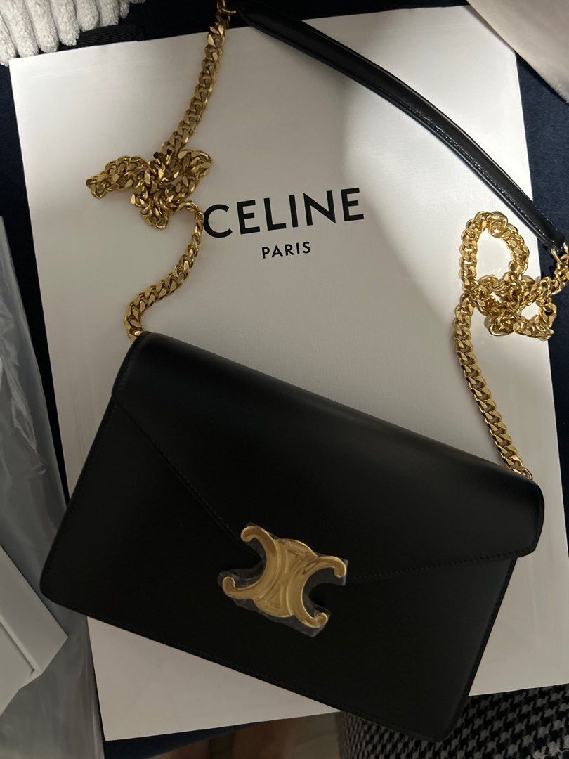CELINE Triomphe WALLET ON CHAIN TRIOMPHE IN TEXTILE CALFSKIN NATURAL / TAN