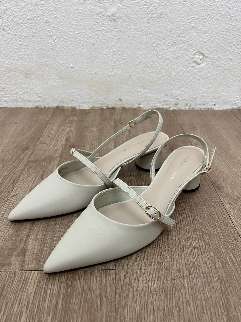 Cream Patent Trapeze Heel Slingback Pumps - CHARLES & KEITH KW