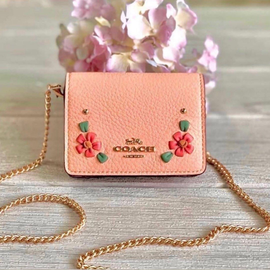 Coach Mini Wallet On A Chain With Floral Whipstitch