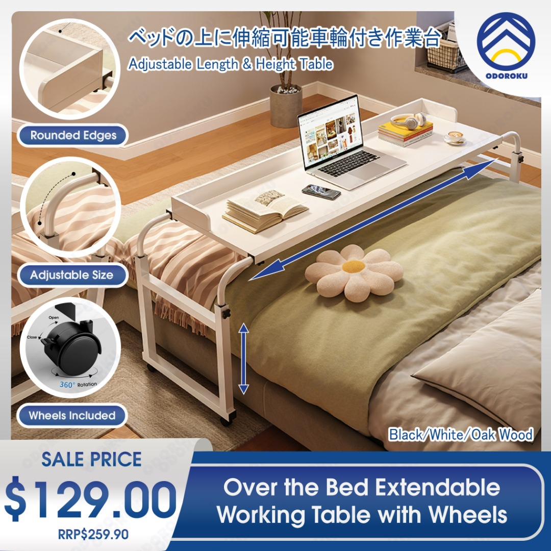 ODOROKU Adjustable Overbed Table with Wheels Over the Bed Desk Over Bed