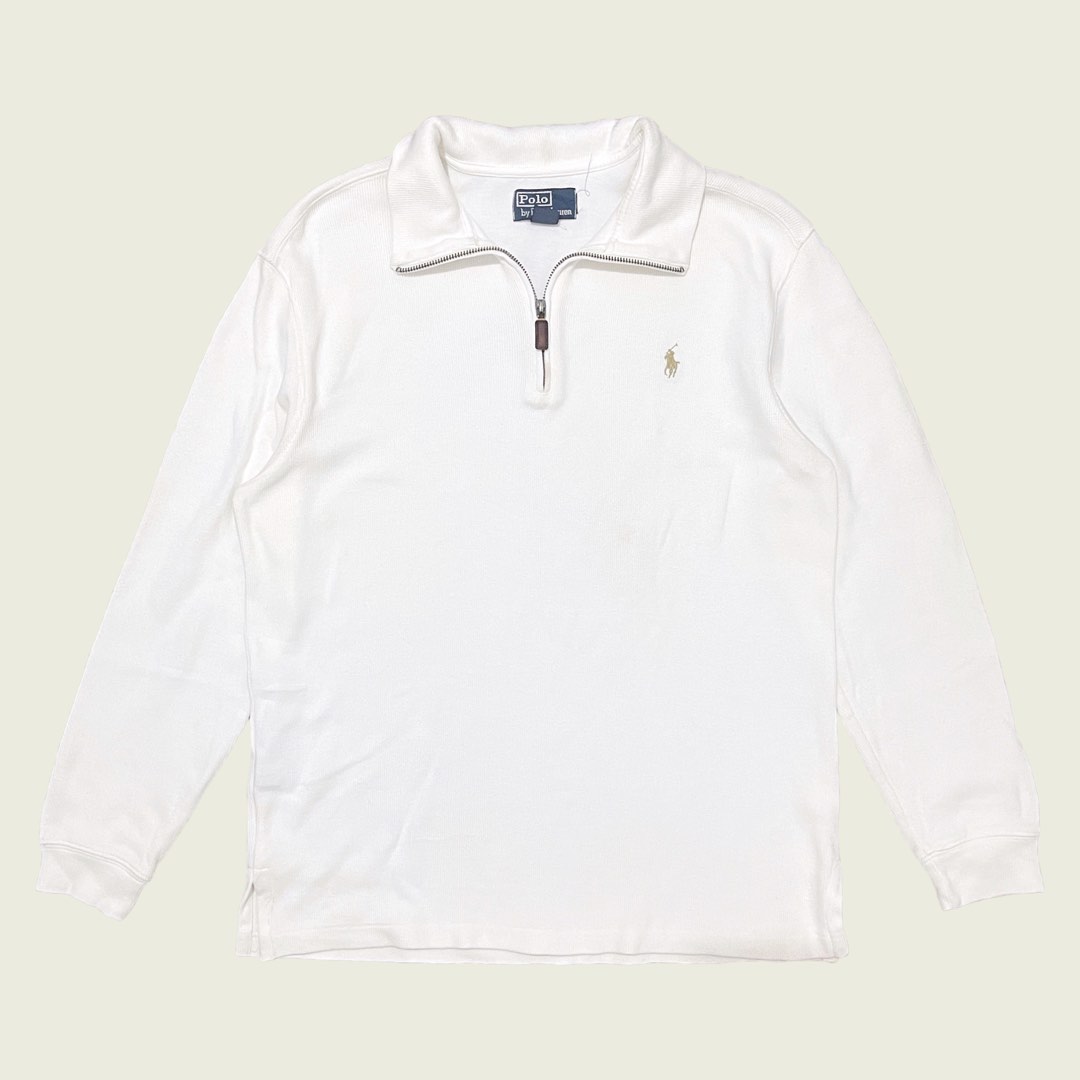 Ralph Lauren Quarter Zip Sweater White Khaki Logo Men s