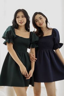 Mikayla Tallulah Smocked Puffy Sleeve Dress in Navy Blue