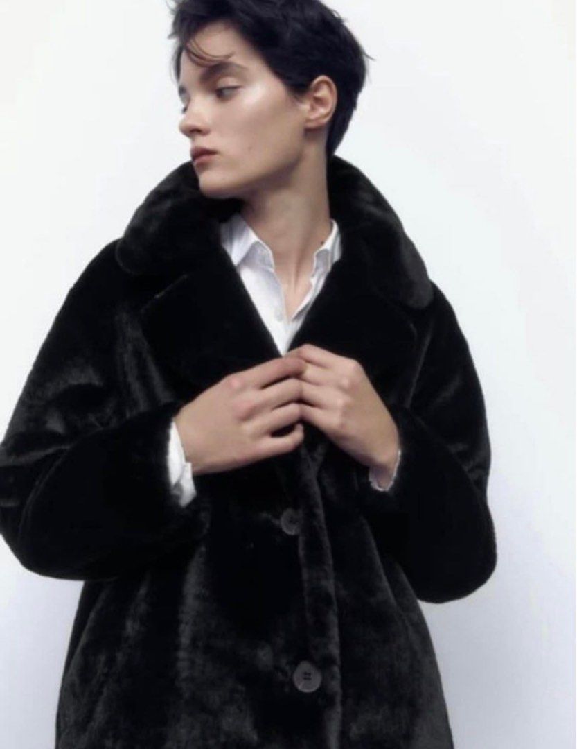 Zara long black fur coat clearance