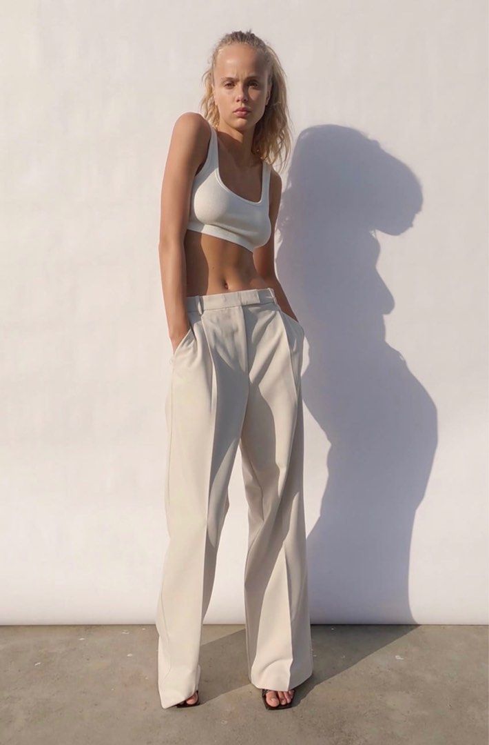 ZARA HIGH-WAIST TROUSERS Pants in Oyster White, Women's Fashion, Bottoms,  Other Bottoms on Carousell