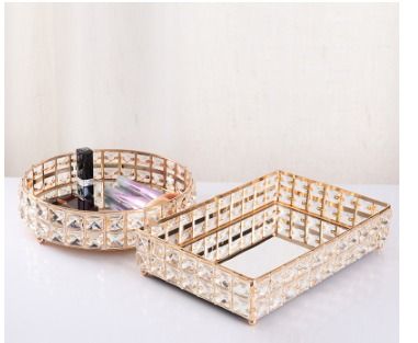 ] European Style Crystal Glass Luxury Decoration Tray Golde Silver Metal Crystal Home Decorative Mirror Tray (JL1956)